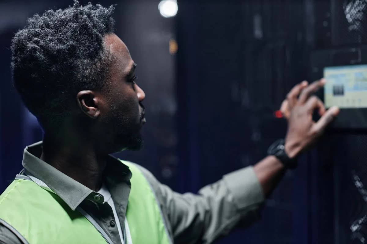 Technician inspecting equipment inside an edge data center
