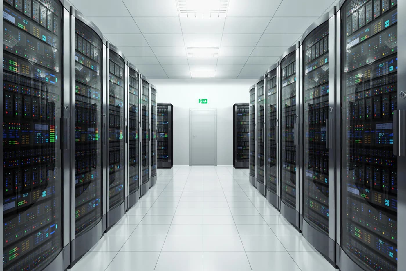 Rows of server racks in a data center hall