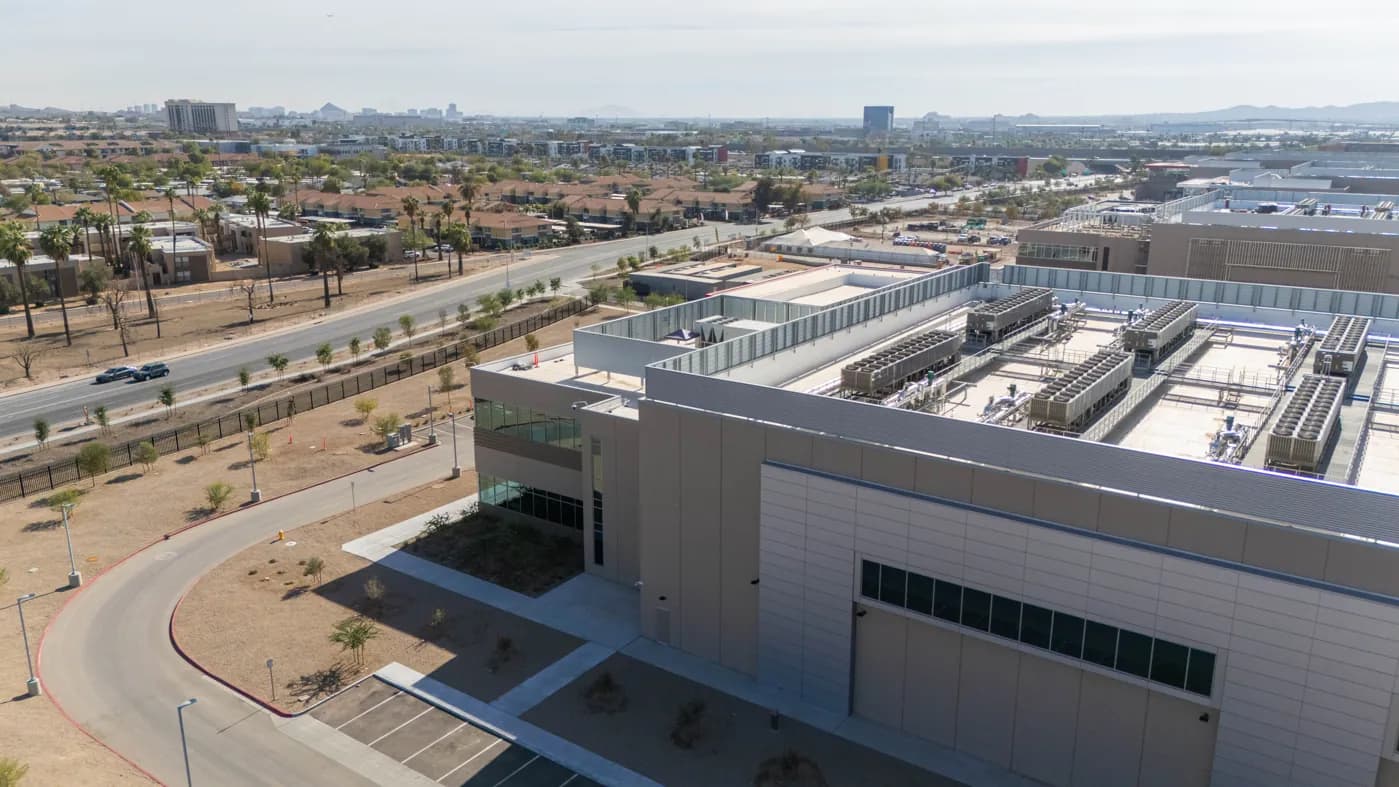 Aerial view of a commercial building converted for data center use