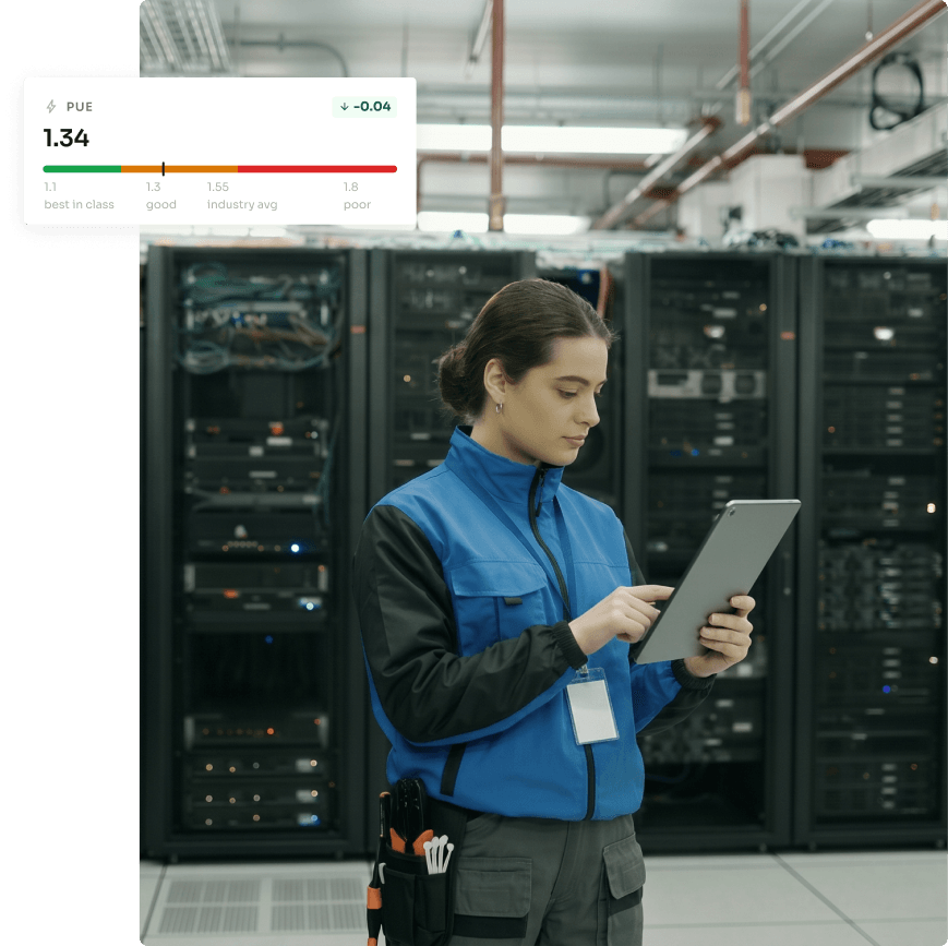 Data center operators reviewing rack utilization metrics