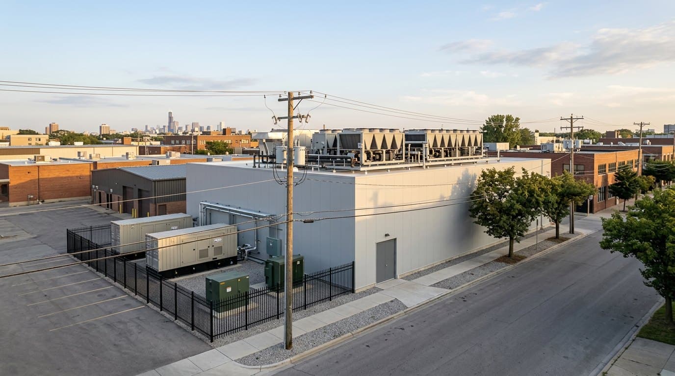 A converted edge data center on an urban infill lot: a single-storey building with cooling units on the roof, generators and transformers in a fenced yard, and a city skyline behind.